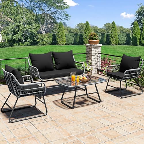 YITAHOME 4-Piece Patio Furniture Wicker Outdoor Bistro Set, All-Weather Rattan Conversation Loveseat Chairs for Backyard, Balcony and Deck with Soft Cushions and Metal Table, Gray+Black Gray