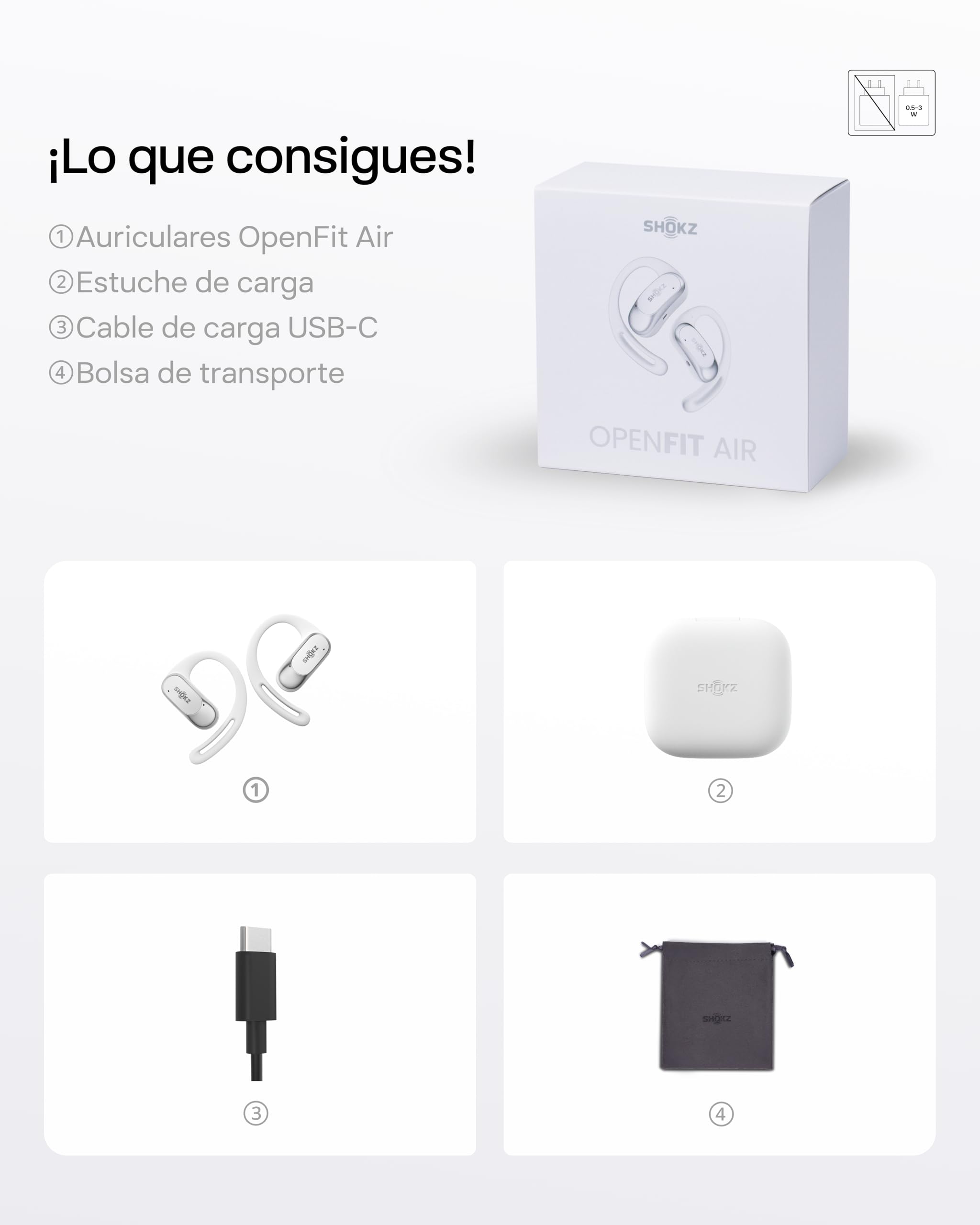 SHOKZ Auriculares Open-Ear OpenFit Air, Bluetooth con Micro, IP54, Blanco | Resistencia al Agua IP54 | 28h de reproducción | Carga rápida | Auriculares Inalámbricos | para Entrenamiento