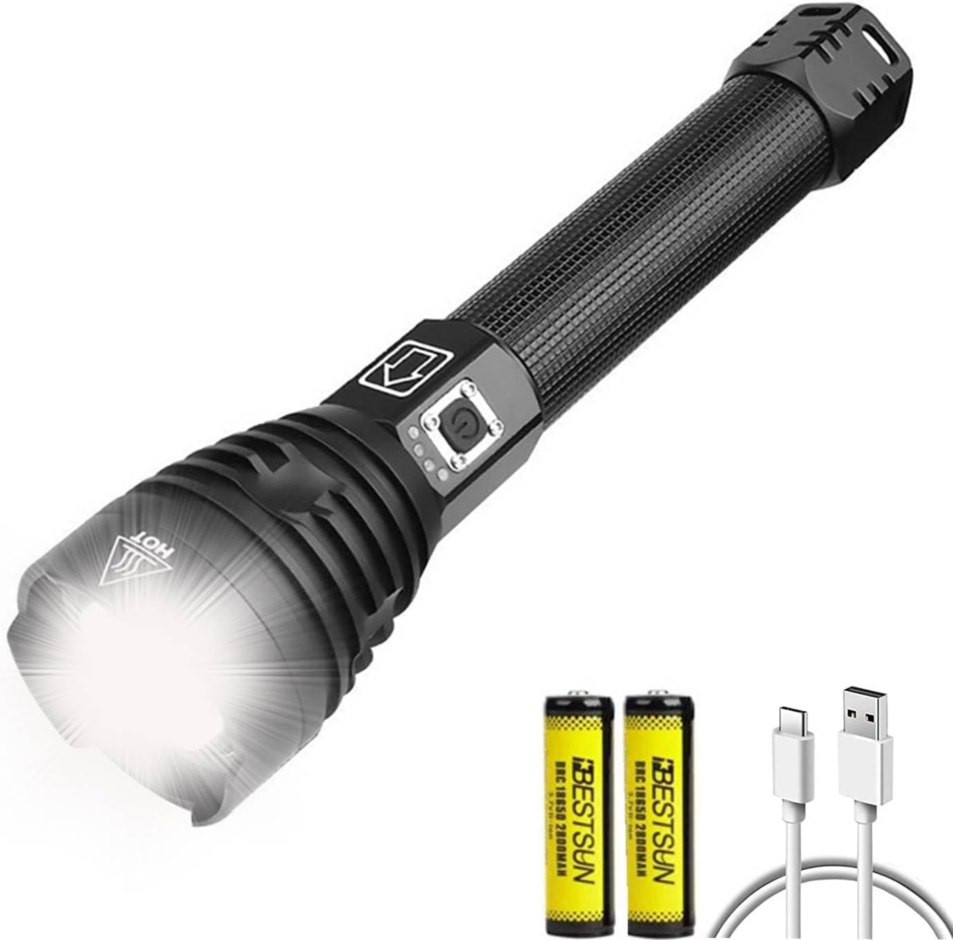 Linterna recargable de alto lúmenes, linternas LED de mano súper brillantes, luz de flash USB C de alta potencia, 3 modos de zoom, impermeable,