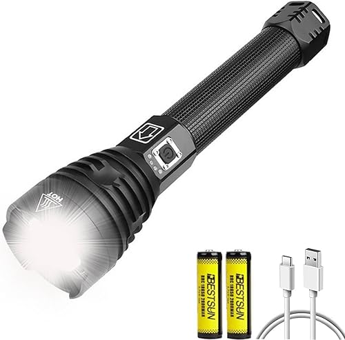 Linterna recargable de alto lúmenes, linternas LED de mano súper brillantes, luz de flash USB C de alta potencia, 3 modos de zoom, impermeable,