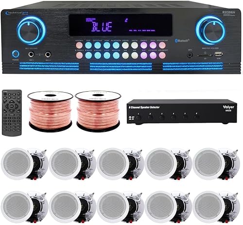 Vaiyer Home Audio System Kit - 2000 W Bluetooth Amplifier w 10 Qty of 6.5" Framed Ceiling Speakers 200 W Each, 6-Ch Speaker Selector, 500 ft Speaker