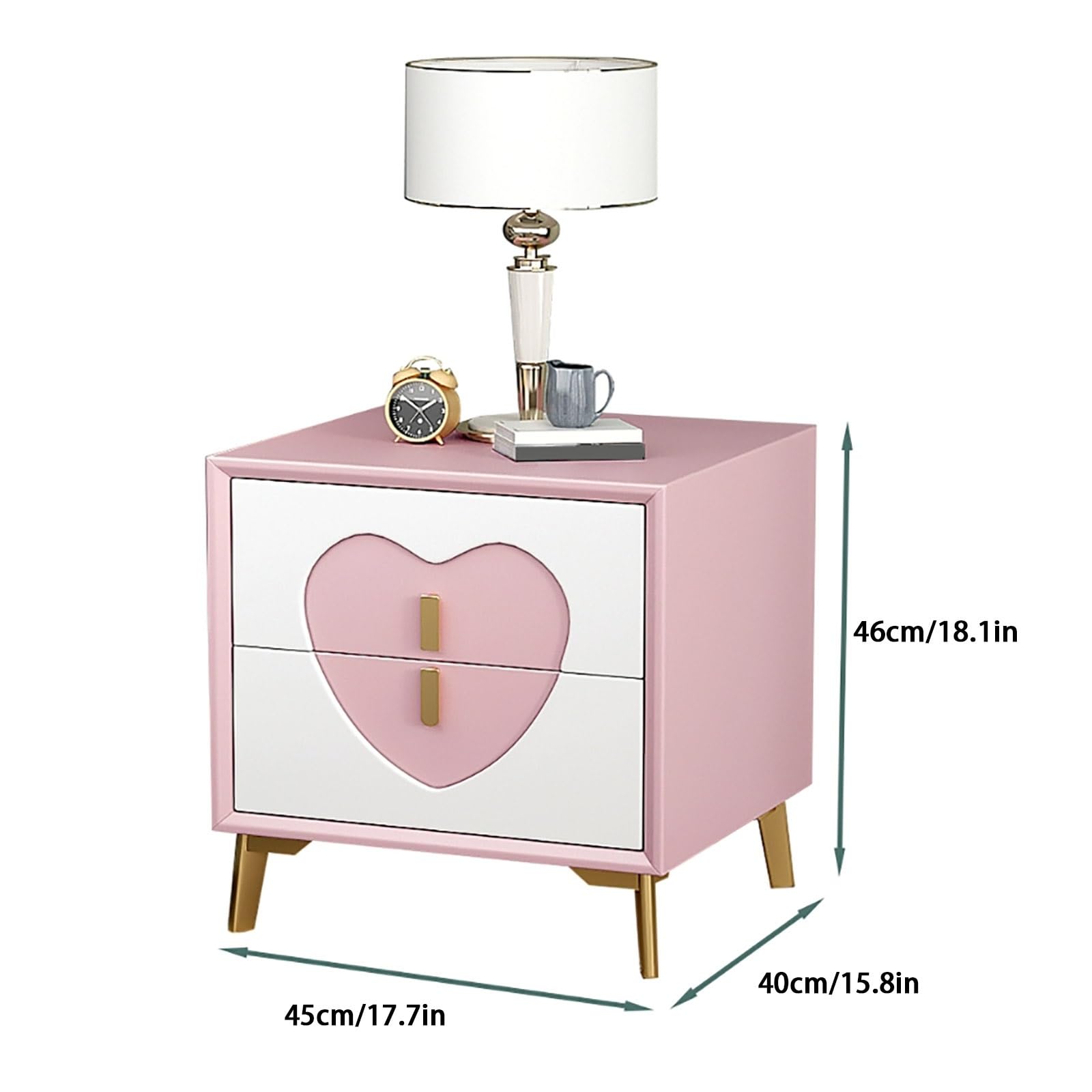 Mesita de noche de madera maciza con doble cajón y parte superior forrada de cuero, patas de metal modernas, mesita de noche resistente para dormitorio, sala de estar, organización y decoración de