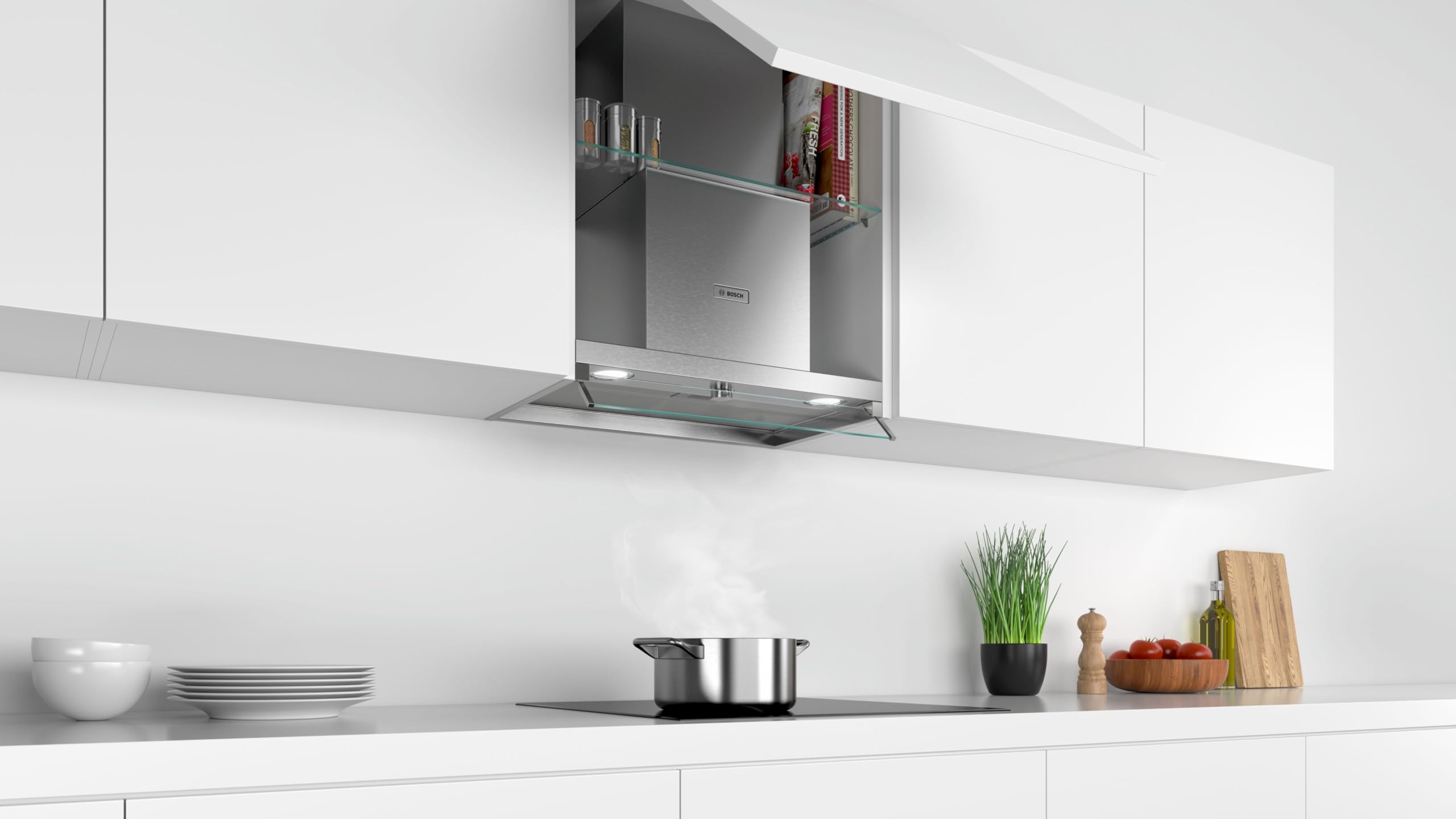 Bosch DBB66AF50, Hotte intégré Série 4, 3 vitesses d'aspiration, 60cm, Inox