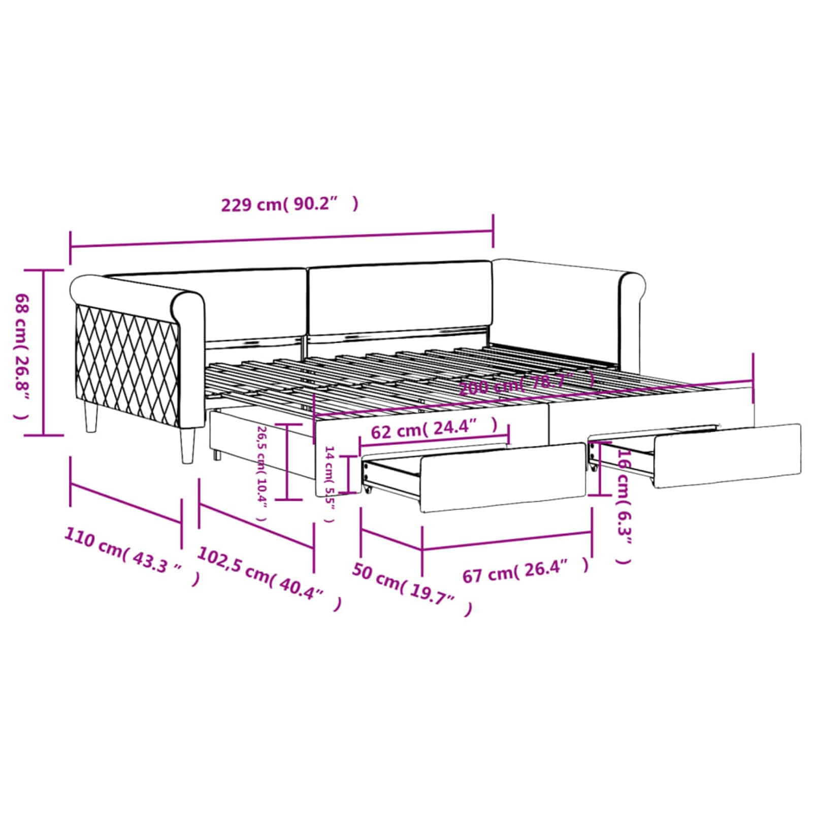 ATOMSTACK MAKER Divano letto pieghevole 2 in 1 con cassetti portaoggetti, rivestito in velluto grigio scuro, 229 x 110 x 68 cm, ideale per piccoli spazi e visite, materassi non inclusi