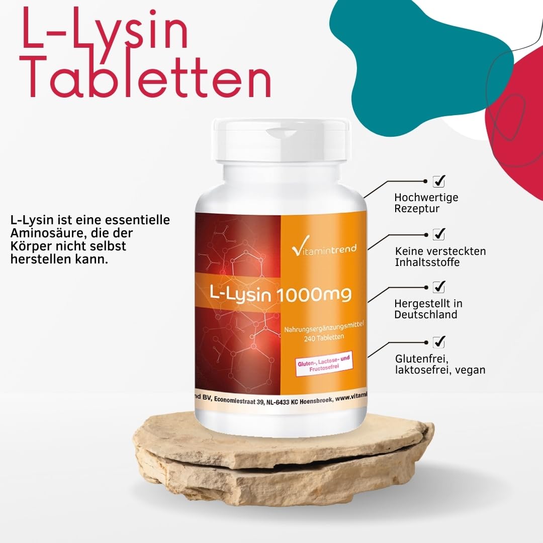 Vitamintrend L-Lysin 1000mg, 240 Tabletten, hochdosiert, Nahrungsergänzungsmittel vegan ohne Magnesiumstearat, in Deutschland hergestellt