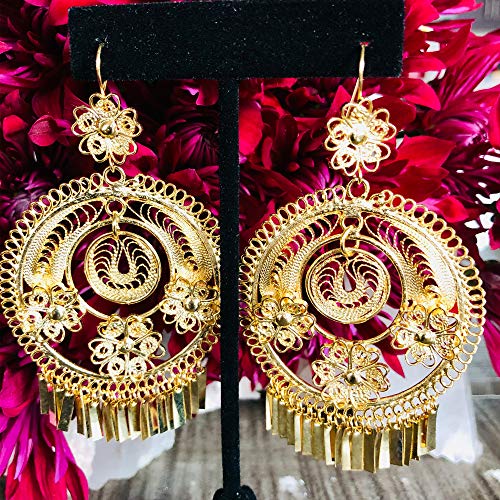 Folklorico Dance Earrings - Traditional Mexican Gold Filigree Design, 3-Flowers, Day of the Dead2