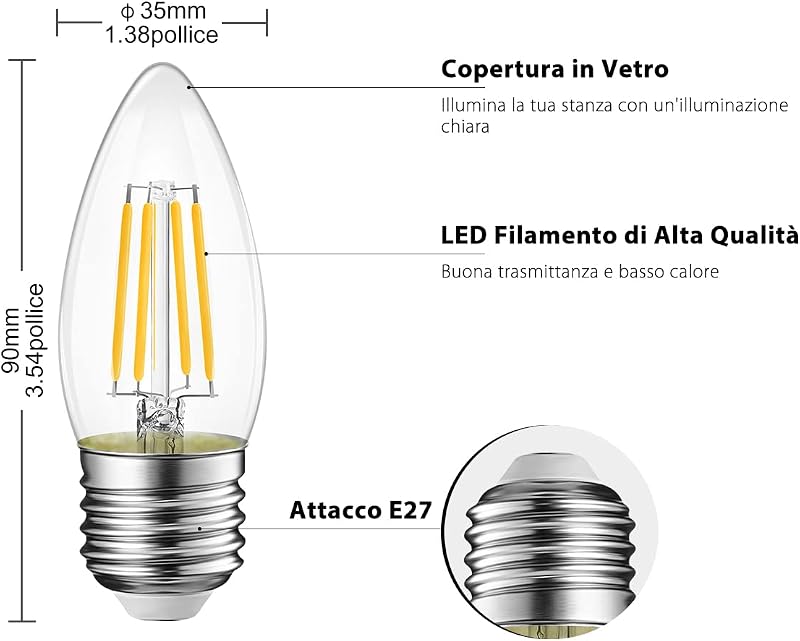 LVWIT LED gyertya izzó E27 4W 40W ekvivalens 470 lm meleg fehér 2700K nem dimmelhető C35 6 db