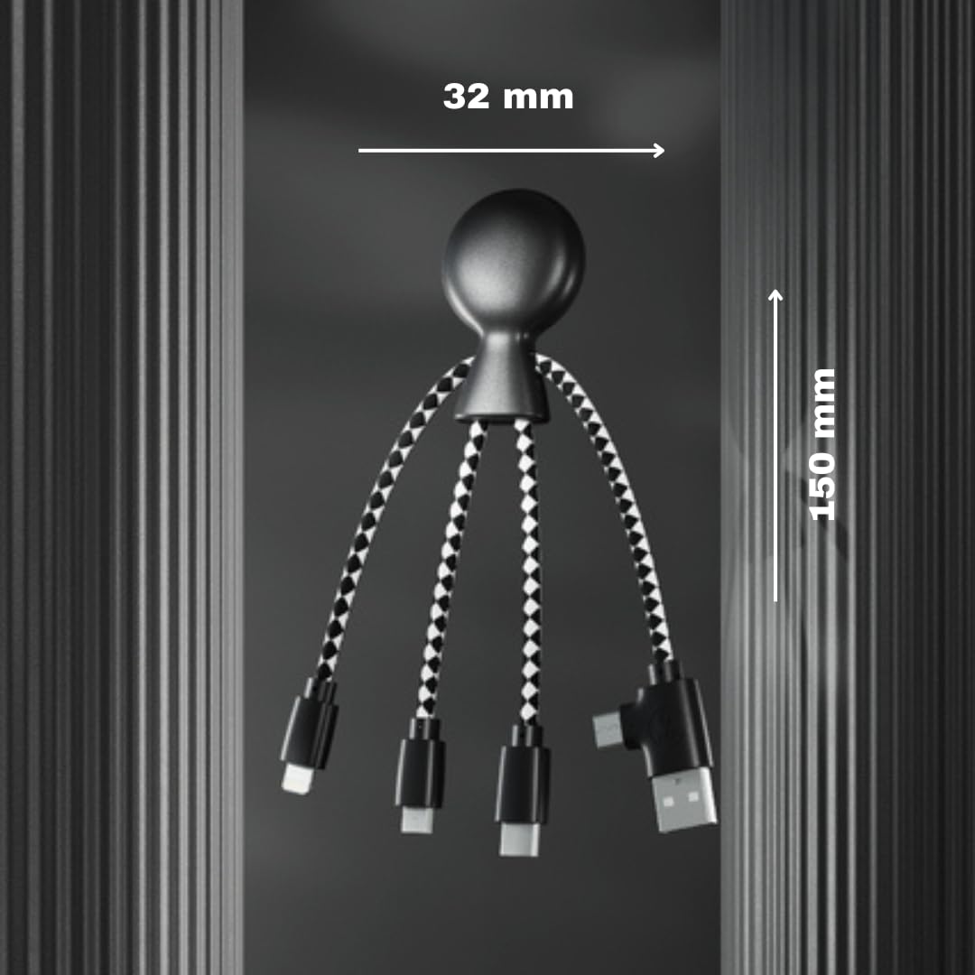 Xoopar - Mr Bio 4w1 kabel Multi USB w kształcie czarnej ośmiornicy - uniwersalna ładowarka z tworzywa sztucznego z recyklingu - gniazdo USB, USB-C, Lightning, Micro USB do uniwersalnego smartfona