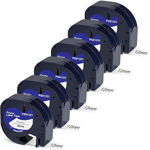 Pristar 6 x 91331 S0721660 - Cinta de etiquetas de plástico blanca de 1/2" x 13' compatible con Dymo LetraTag 91331 para Dymo LetraTag LT-100H