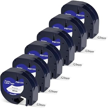 Pristar 6 x 91331 S0721660 شريط ملصقات بلاستيكي أبيض 1/2 بوصة x 13 متوافق مع عبوات Dymo LetraTag 91331 شريط ملصقات لـ Dymo LetraTag LT-100H LT-100T XR 200B 2000 QX50 Plus، 12 مم x 4 م، أسود على أبيض