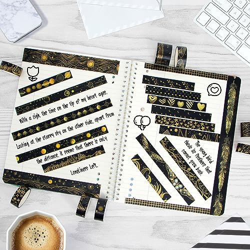 Black Washi Tape Set, 27 Rolls Black Gold Foil Decorative Masking Tape for Bullet Journaling, Scrapbooking Supplies, Watercolor Painting