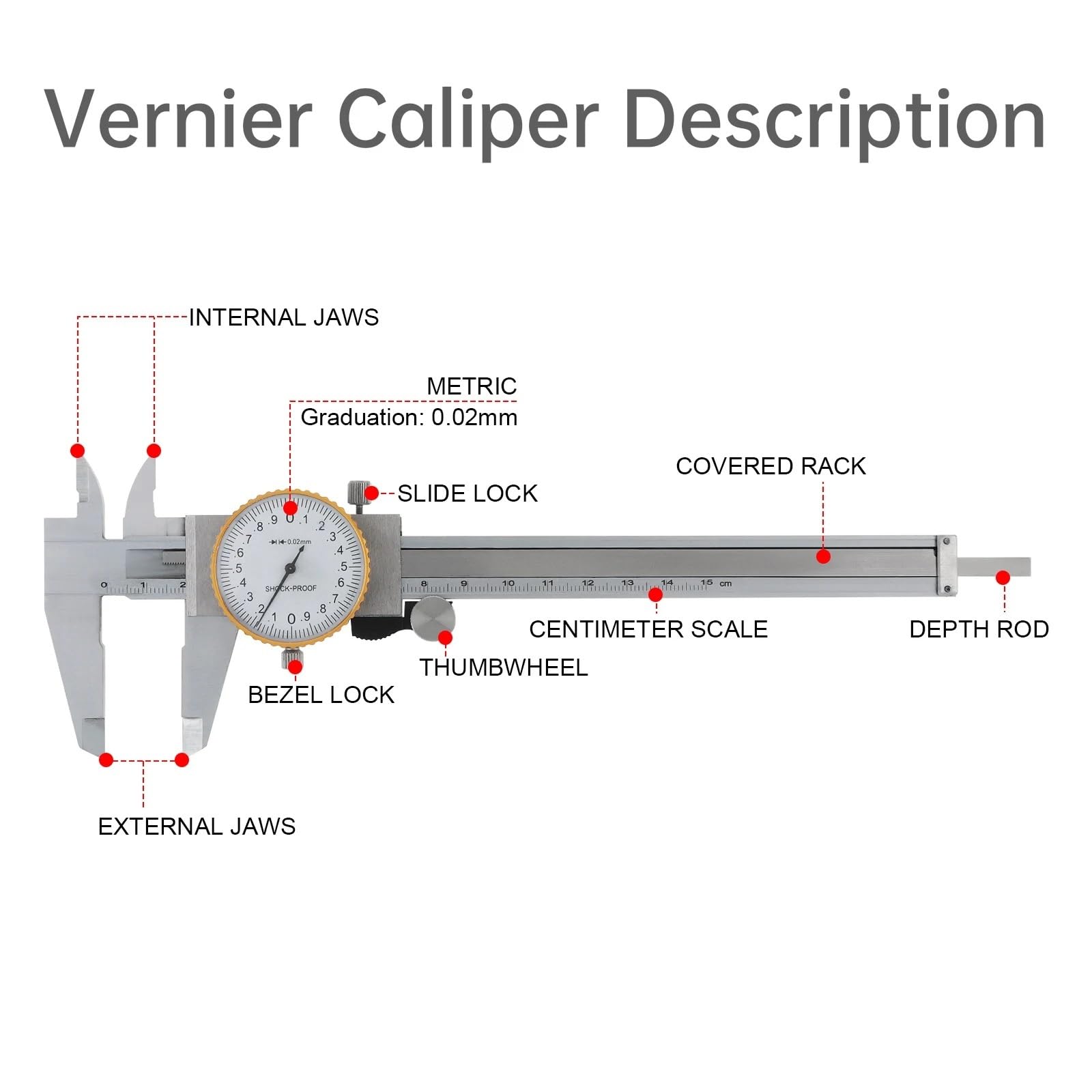 Calibradores Vernier de 0-150mm, Escala métrica Acero al Carbono, calibrador Dial a Prueba Golpes, Regla, Kit Herramientas medición Profundidad con Funda Guantes