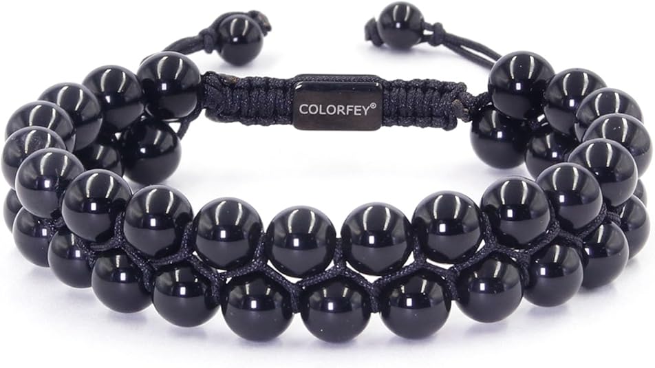 Mens Beaded Bracelet for Men - COLORFEY Authentic Tiger Eye Bracelets Handmade Obsidian Onyx Bead Bracelets 2Row, Natural Stone Protection Bracelet for Him 8mm Healing Crystal Christmas Gift for Him