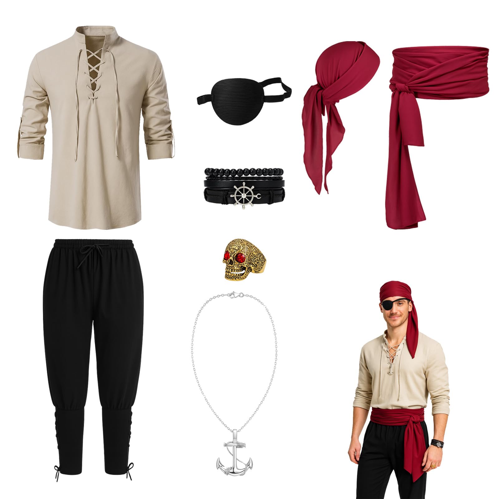 8 PCS Pirate Costume for Adult Men with Eye Patch Medieval Shirt Trousers Bandana Belt, Pirate Outfit Halloween Costumes for Carnival, Cosplay Parties (Khaki, L)