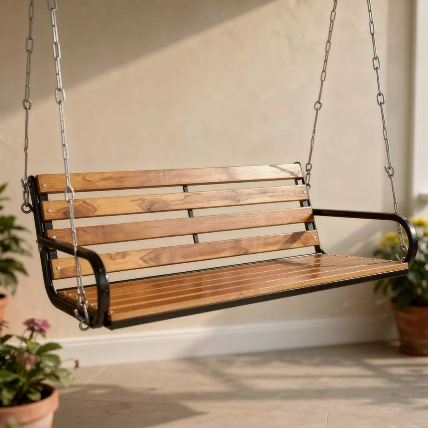 Hanging Swing for Balcony Hammock Chair Indoor jhula Heavy Very Strong 350 kg Capacity Colour Teak Wood Swings with Hanging Accessory (137 CM, Wood Teak Yellow)