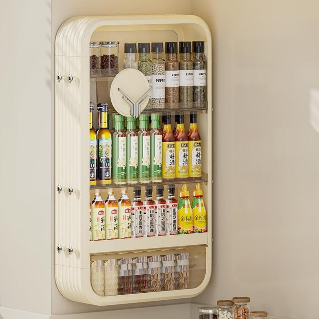 Wall Storage Rack with Open Storage, Floating Cosmetics Rack with Large Capacity Wall Mounted Storage Shelf with Tissue Hole 4 Tiers Makeup Organizer with Hooks Beige for Bathroom