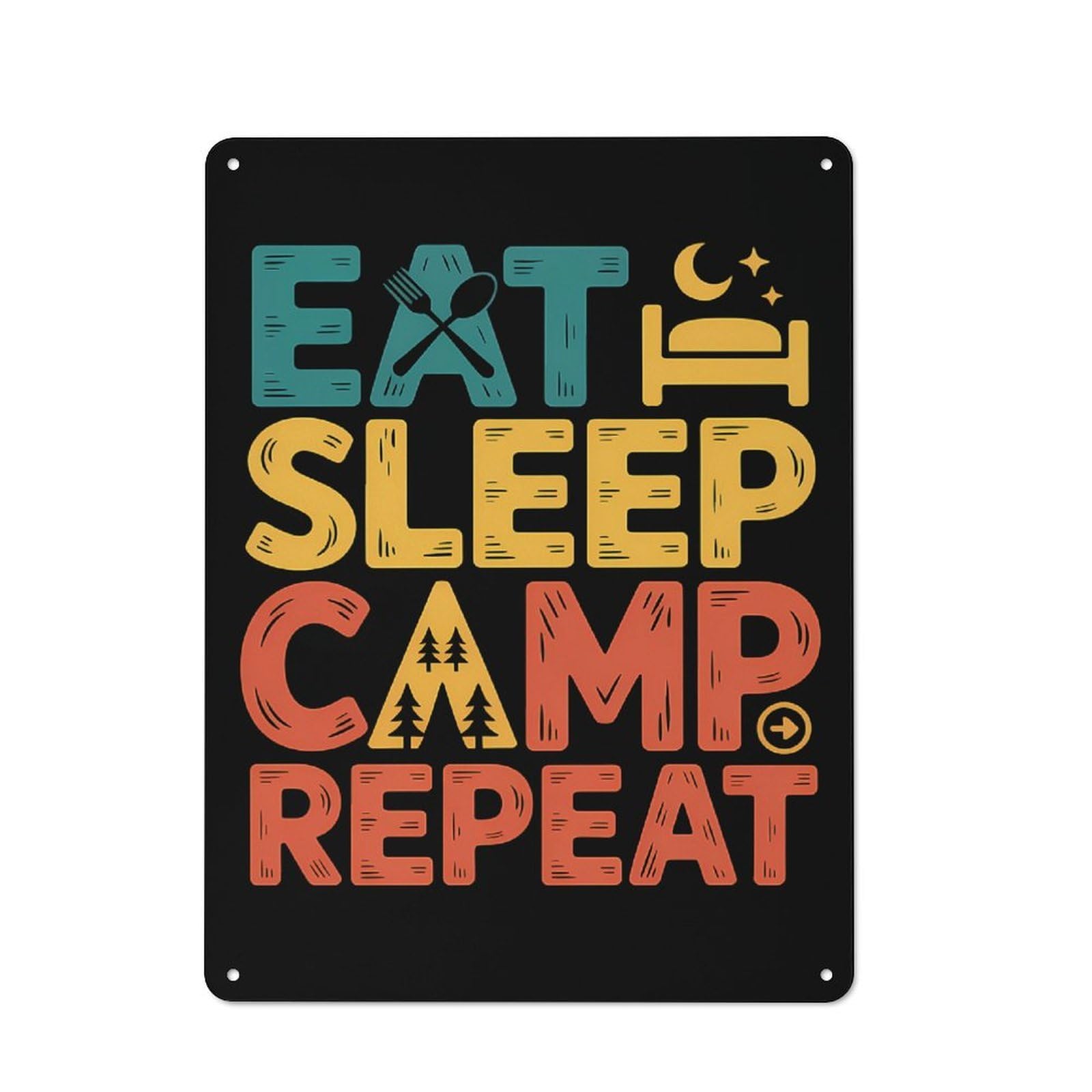 Junmoney Style-14 Metal Wall Sign 40X30cm Featuring Eat Sleep Camp Repeat Text Art For Pub Or Café, Housewarming Wall Decor For People Furnishing Pub And Café