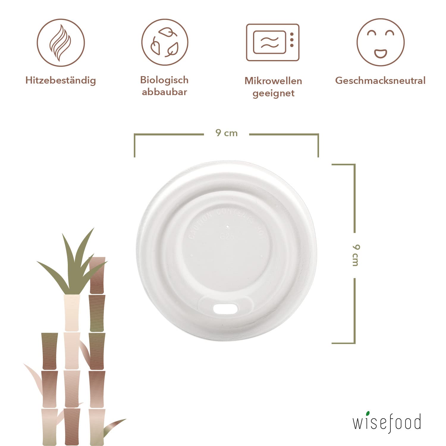 wisefood Pokrywki do kubków do kawy z trzciny cukrowej, 50 sztuk, pokrywki Coffee to Go ∅ 90 mm, jednorazowe pokrywki do kawy, białe, pasują do kubków 300 ml, biodegradowalna pokrywka z wytłoczyn bez