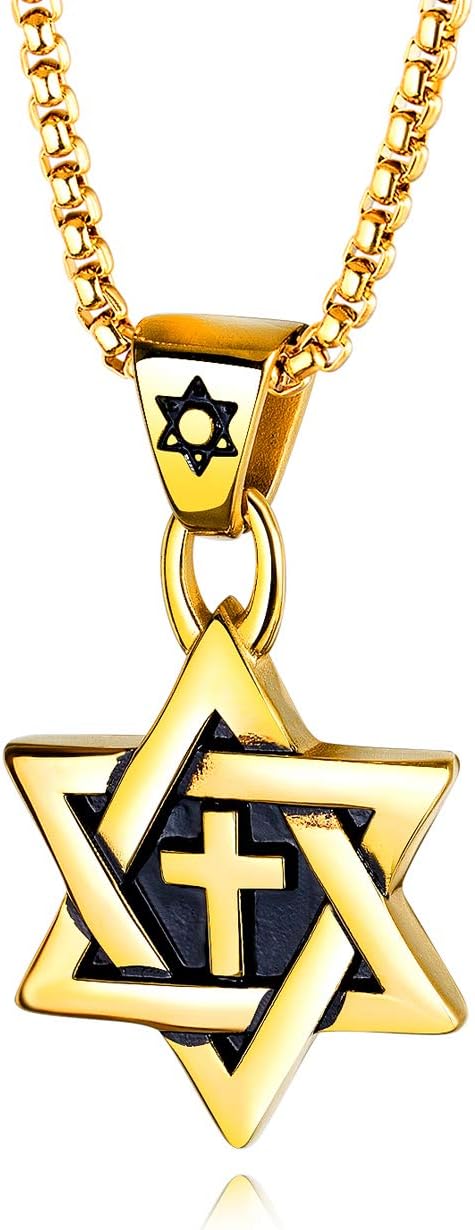 Rehoboth Star of David Six Pointed Megan Cross Pendant Necklaces for Men or Women Stainless Steel Chain 24 Inch