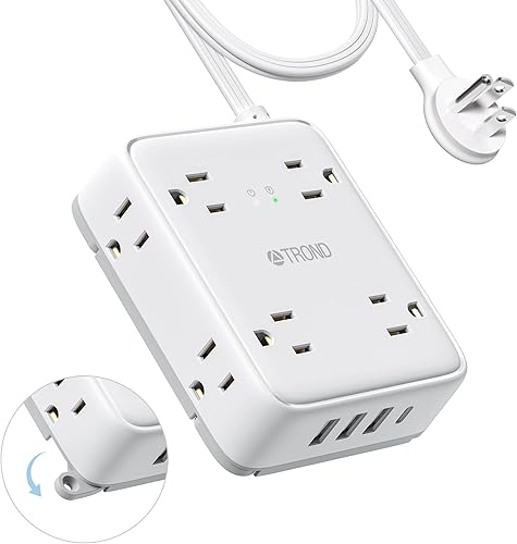 TROND Regleta protectora de sobretensiones con USB, enchufe plano ultrafino, cable de extensión de 5 pies de 1625 W, 3 USB A y 1 USB C, 8 salidas AC