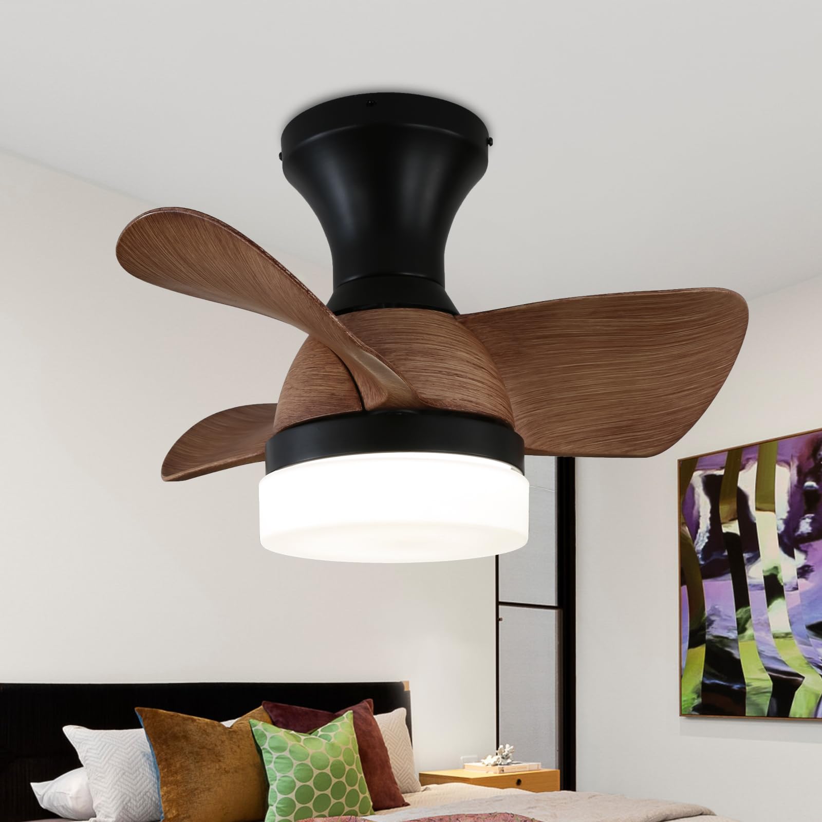 BaoBrot 22" Small Mini Ceiling Fan with Light flush mount remote control, Modern Low Profile 3 Blade Ceiling Fans for Outdoor and Indoor Space/Study/cloakroom/bedroom/basement/garage