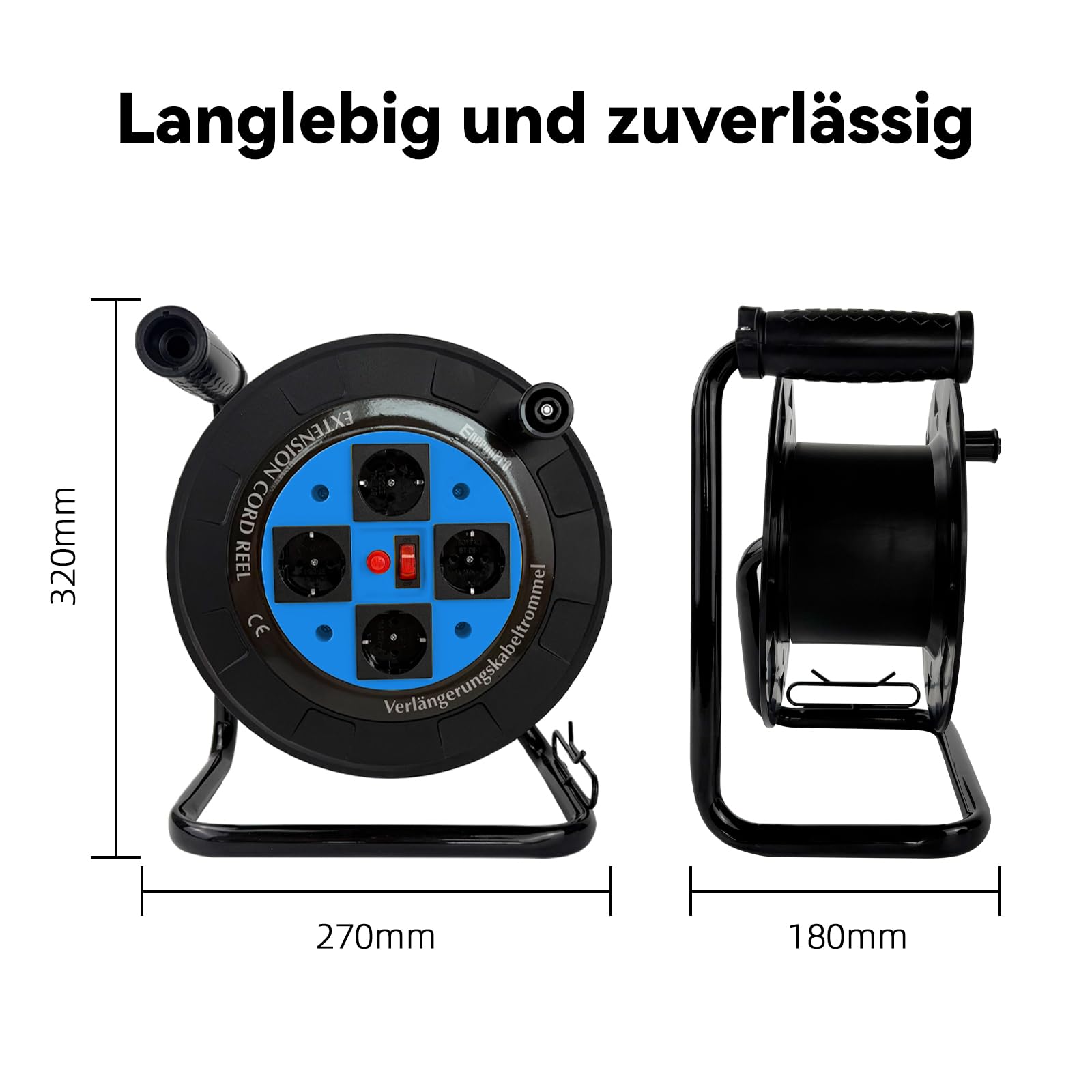 EnergyPro DL616B-EU Kabeltrommel leer IP44 4-fach Schuko Steckdosen, manueller Kabelaufroller mit klappbarem Griff, Leertrommel ohne Kabel