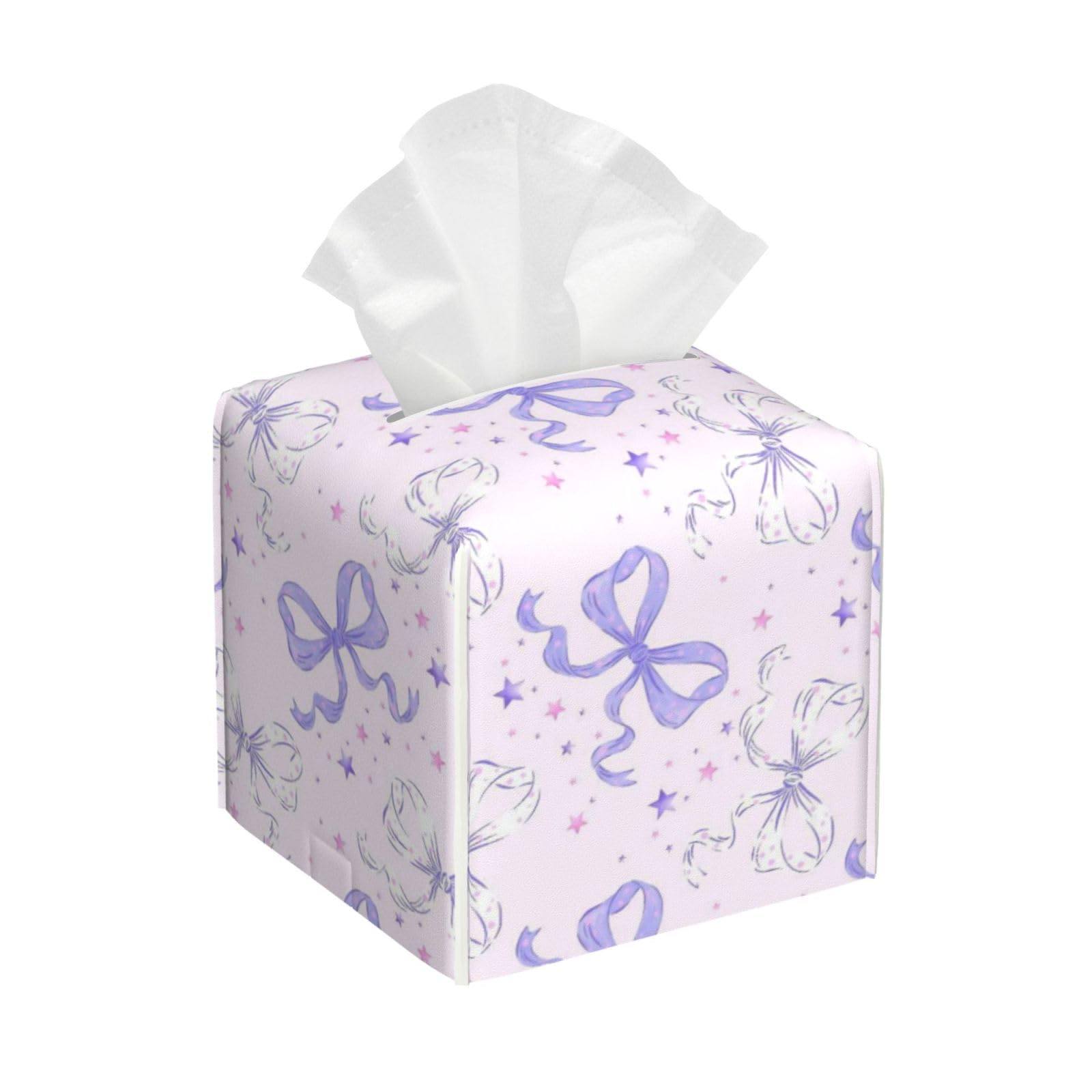 Purple Coquette Bow Seamless Pattern Tissue Box Cover 5" Square Leather Tissue Holder Facial Tissue Case for Tabletop Bedroom Bathroom Desk Decor