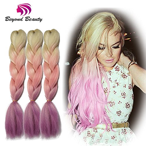 Synthetic Yaki Straight Ombre Jumbo Braiding Hair Extensions High Temperature Fiber Crochet Braids Hairstyles (Blond Pink Purple)