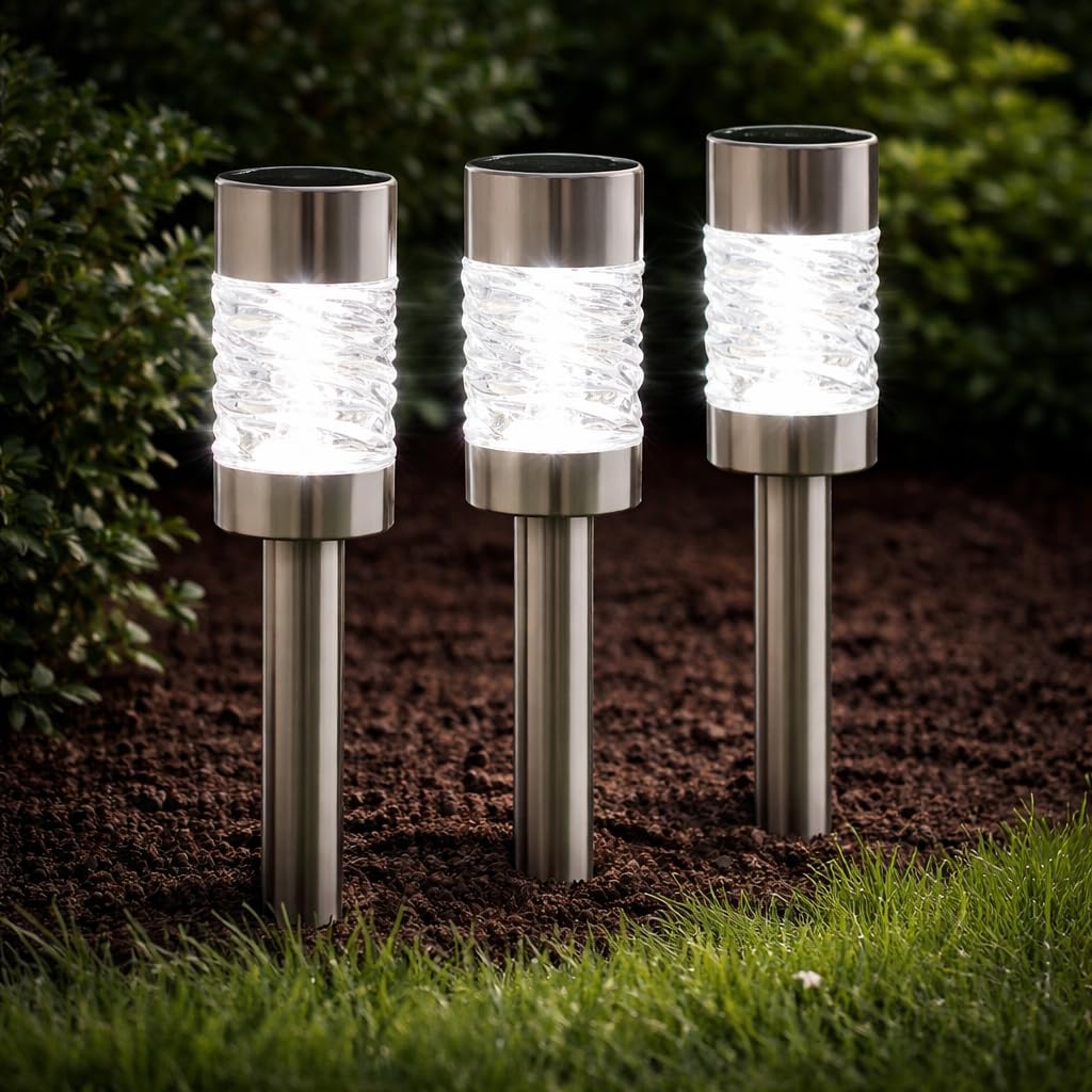 Garden Mile Stainless Steel Stakes 3Pcs Solar Lights Outdoor Garden - Stainless Steel Solar Stake Lights - Led Garden Lights Solar Powered Waterproof, Auto On/Off For Path, Driveway, Patio & Outdoor Lighting