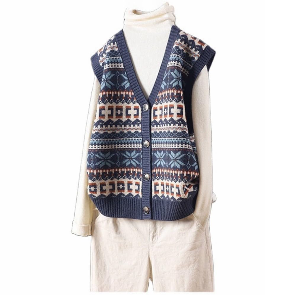 LCDIUDIU Gilet,Women’S V Neck Sweater Vest Retro Navy Blue Cardigan Jacket Striped Snowflake Jacquard Xmas Sleeveless Knitted Gilets Waistcoat Preppy Style Jumper Uniform Tank Top