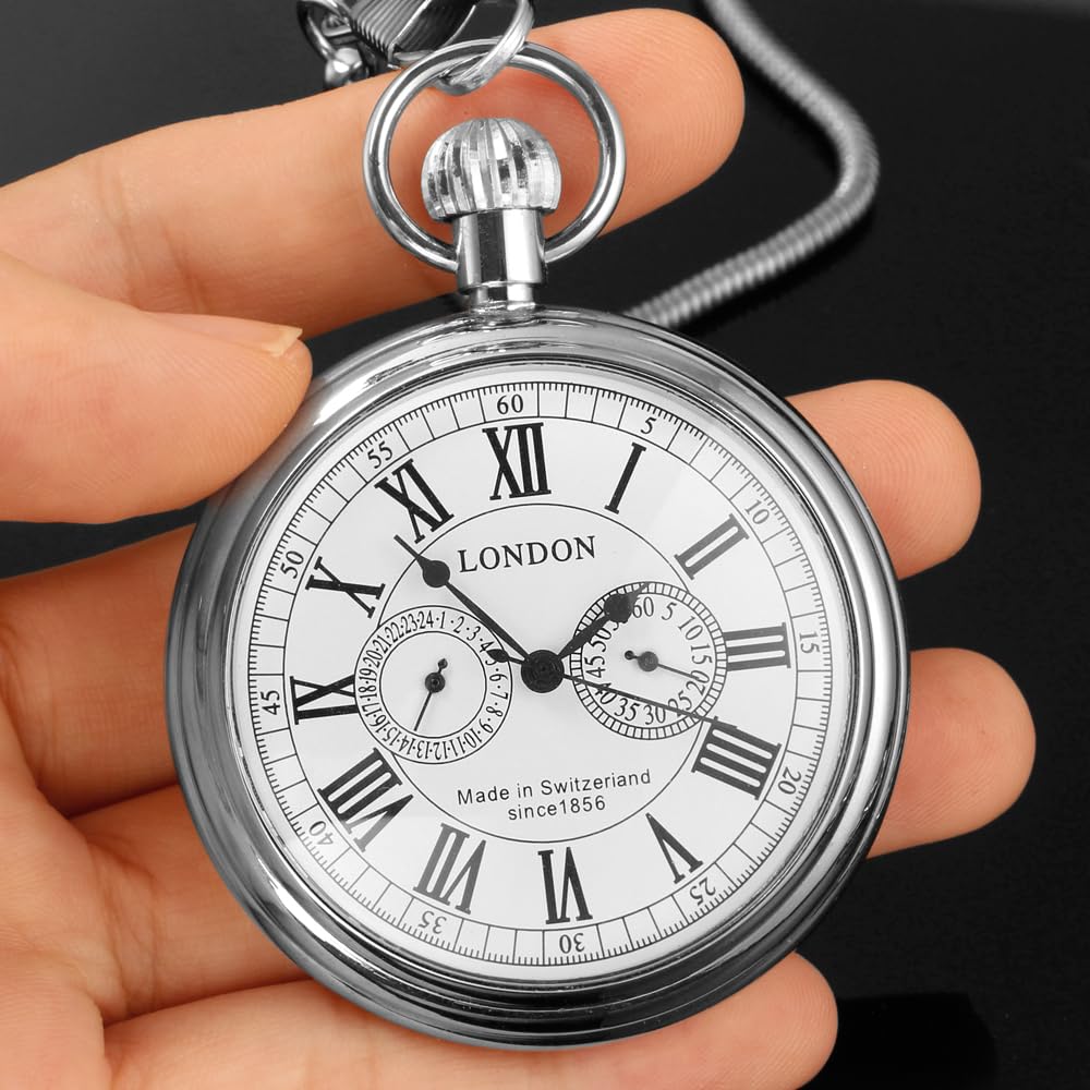Orologio da taschino in acciaio inox, stile vintage, con disegno di treno londinese, meccanico a carica manuale, con catena