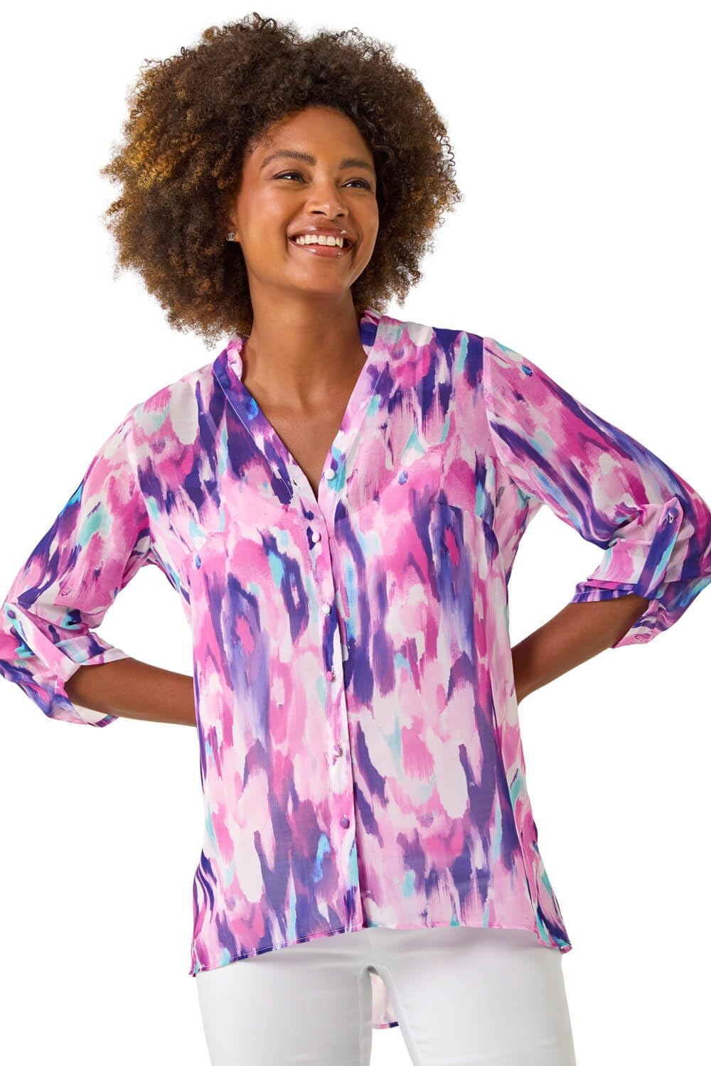 Roman Originals Women's Purple Blurred Print Frill Blouse For Uk - Everyday Holiday Spring Summer V-Neckline Comfy Soft Evening Vacation Work Party - Size 14