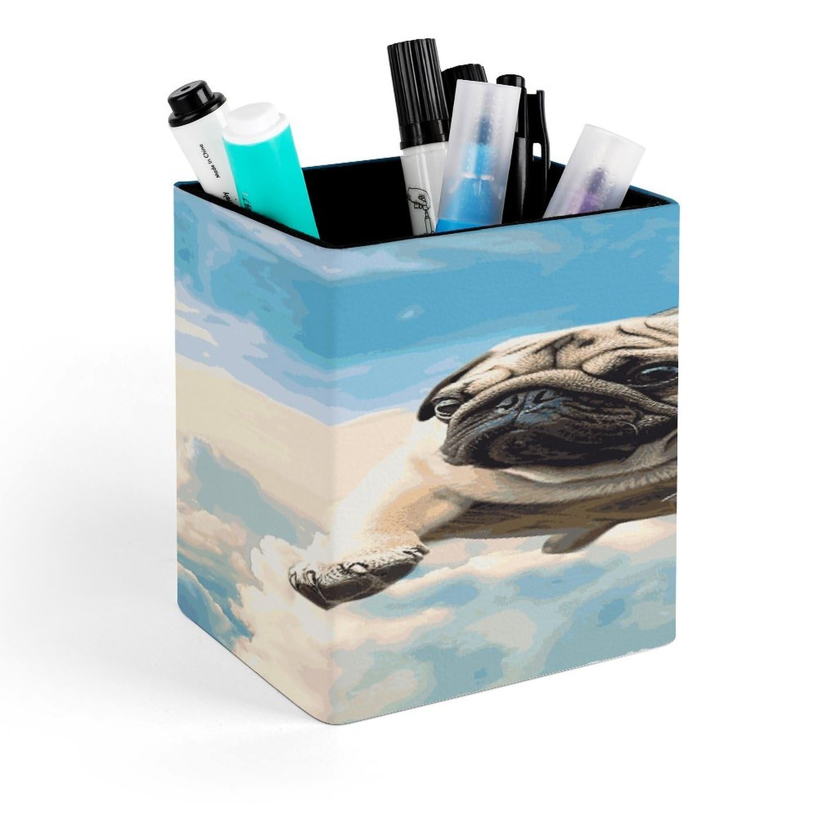 JTREHY Funny Turtle Pug Dog in The Sky Pen Holder Square Pen Pencil Holder Makeup Brush Holders Cup PU Leather Pencil Cups Desktop Caddy Stationery Organizer Case Office Accessories Container Box