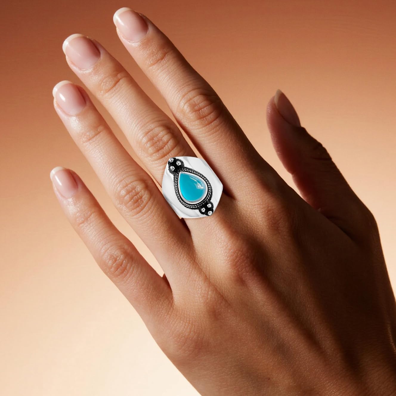 Retro Sterling Silver Waterdrop Natural Stone Boho Ring,Dainty Vintage Antique Oval Real Genuine Crystal Gemstone Statement e Bohemian Wide Chunky Band Ring Jewelry for Women Her