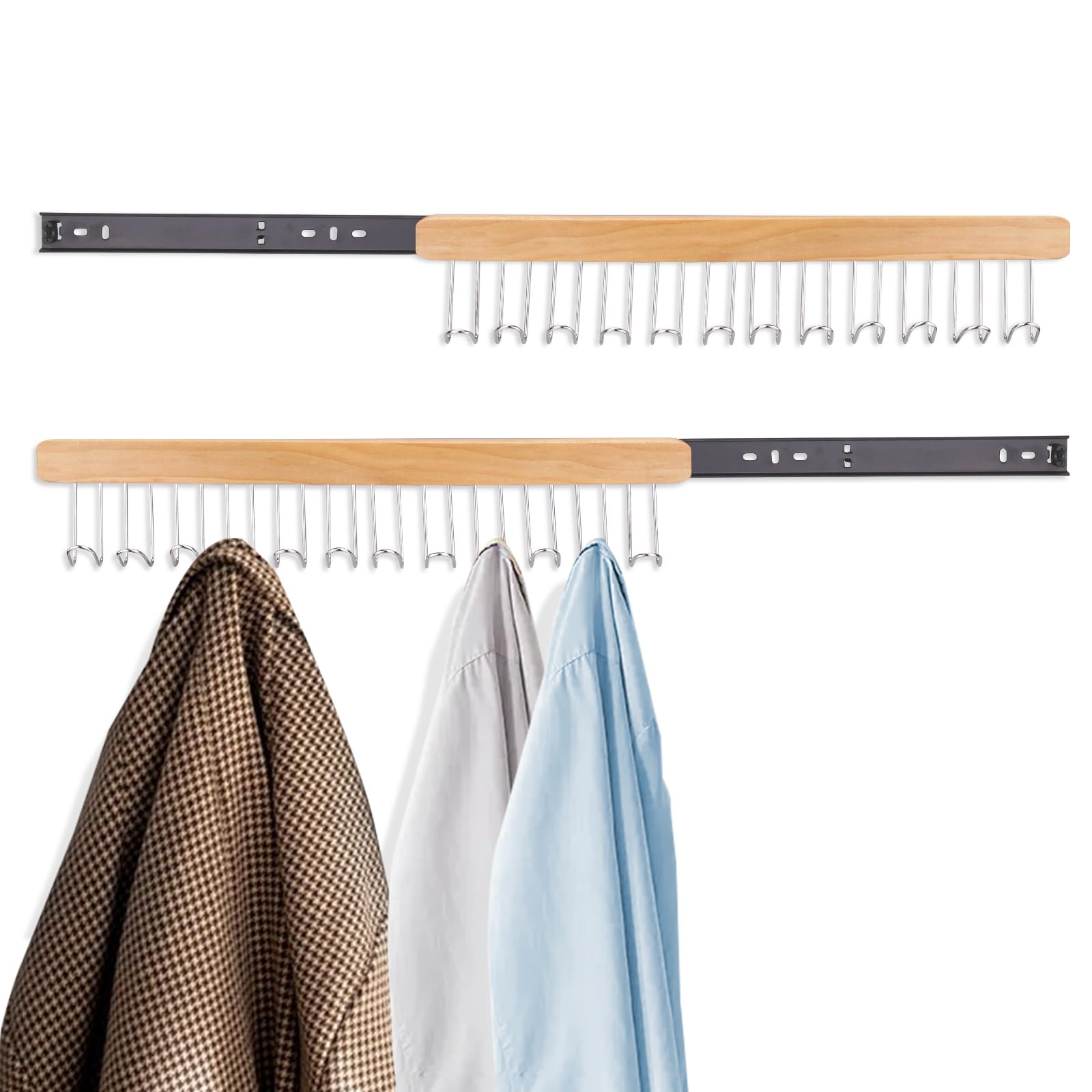 Diakey 2 Pack Valet Rods For Closets, 12 Hooks Closet Valet Rod Slide Out, Belt Hanger Wardrobe Pole Extender, Bra Organizer For Ties, Scarves, Cap, Tank Top, Left+Right