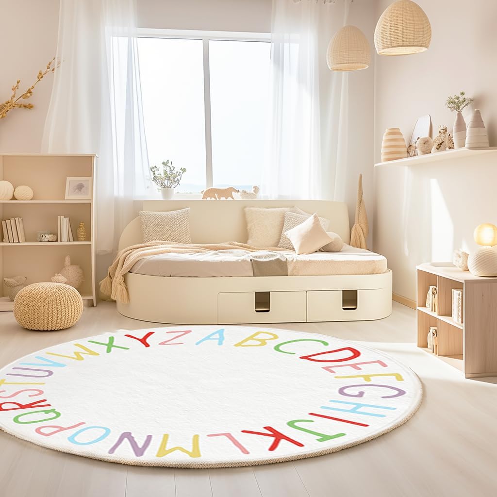 SHIPKEY Round Rug, Round Play Rug for Kids, Colored Alphabet Nursery Area Rugs, Kids Bedroom Rugs, Non-Slip Mat, Carpet for Living Room (3.3 feet)