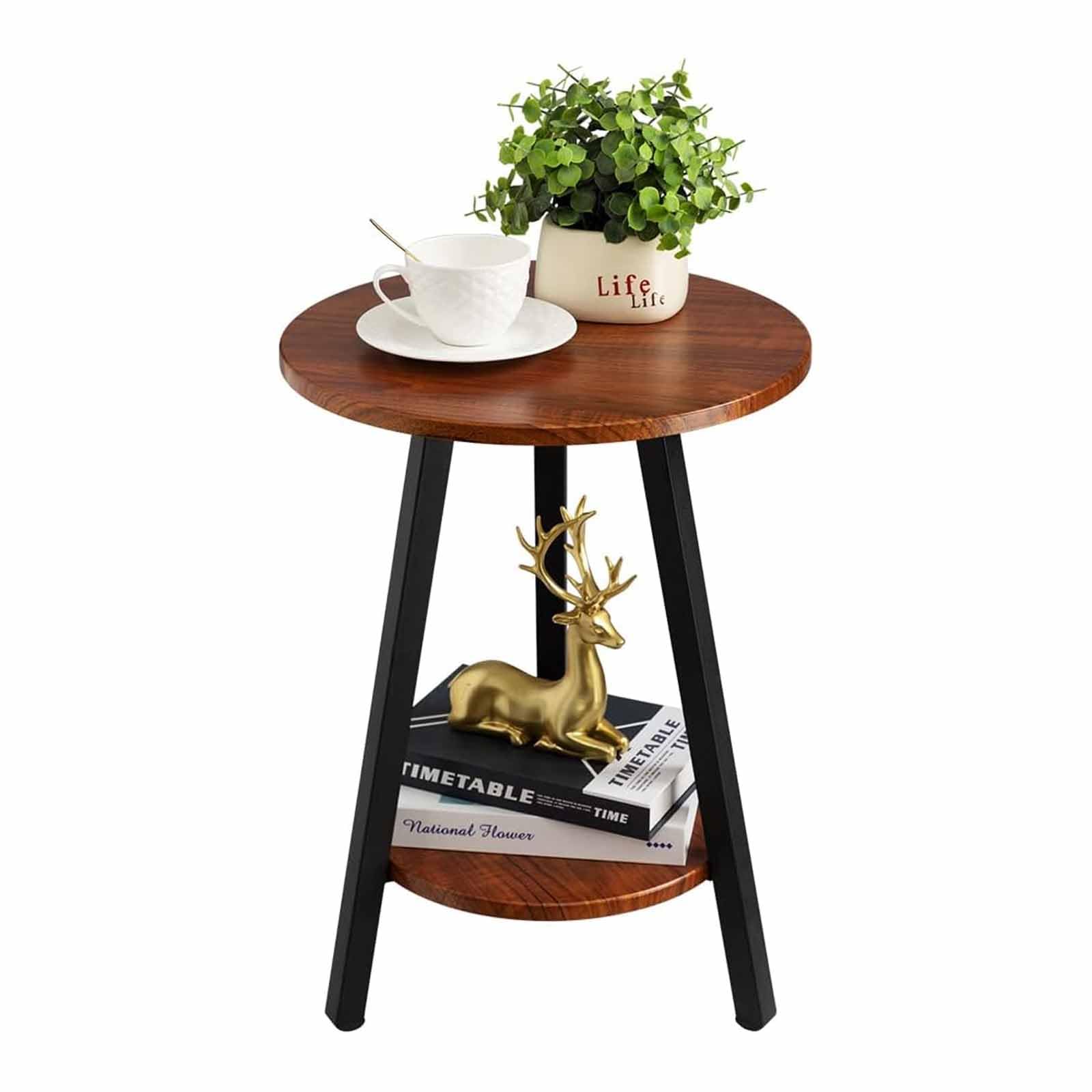 SXZenSpace Round Side Table, Accent Table Small End Coffee for Living Room Bedroom Office Balcony Space, Metal Frame & Wood, Sturdy And Easy Assembly, Chestnut