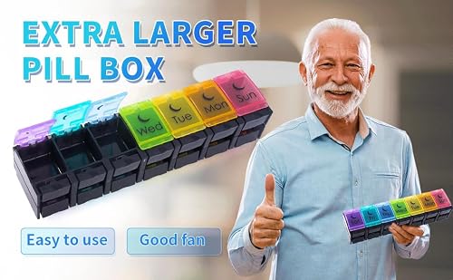 Sneovvin XL Large Weekly Pill Organizer, 7 Day AM PM Pill Case with Compartment for Fish Oils, Travel-Friendly Medicine Organizer Pill Planner for Vitamins,Supplements (Multicolor-Black) - Thumbnail 2