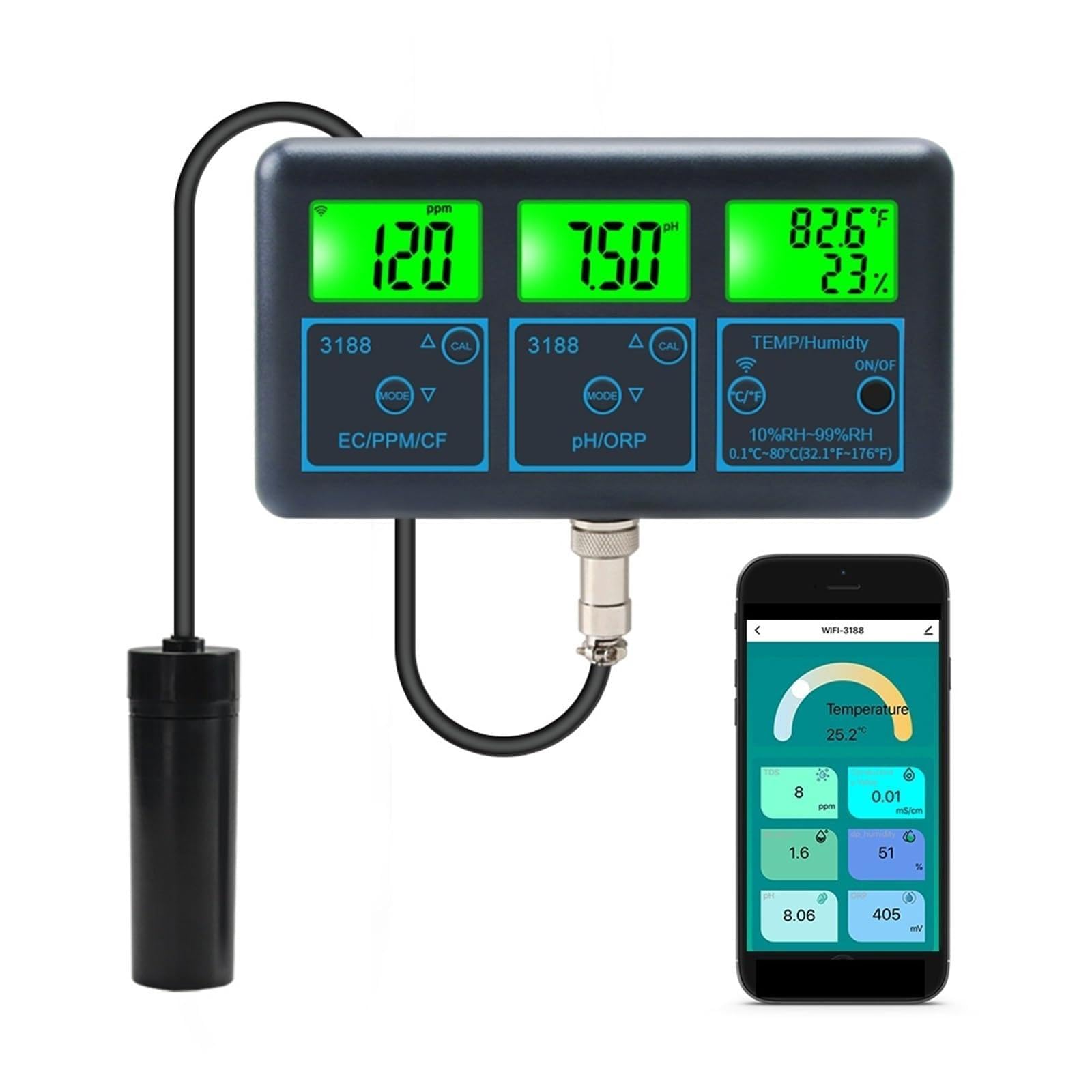 Misuratore di pH WiFi, temperatura, TDS, EC, ORP, tester dell'acqua, analizzatore digitale intelligente con app Tuya,Resistenza alla corrosione