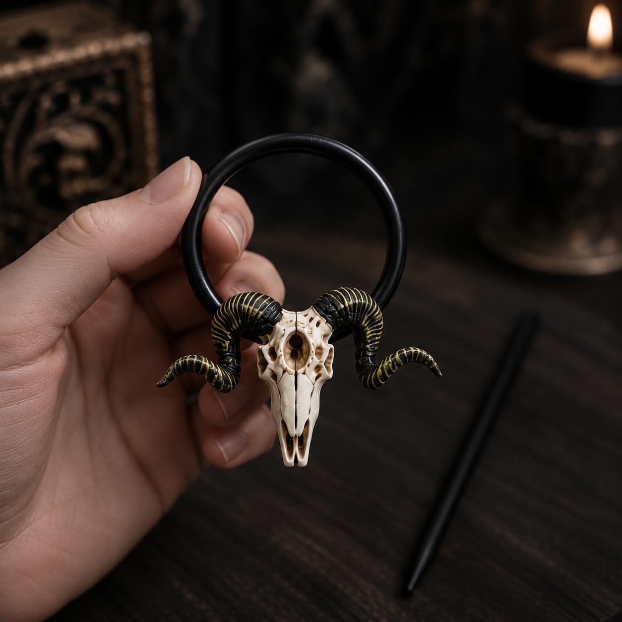 Gothic Ram Skull Hair Clip for Women, Hand Painted Dark Fantasy Hair Accessory, Viking Witchy Hair Barrette for Bun Hairstyles and Alternative Fashion image 4