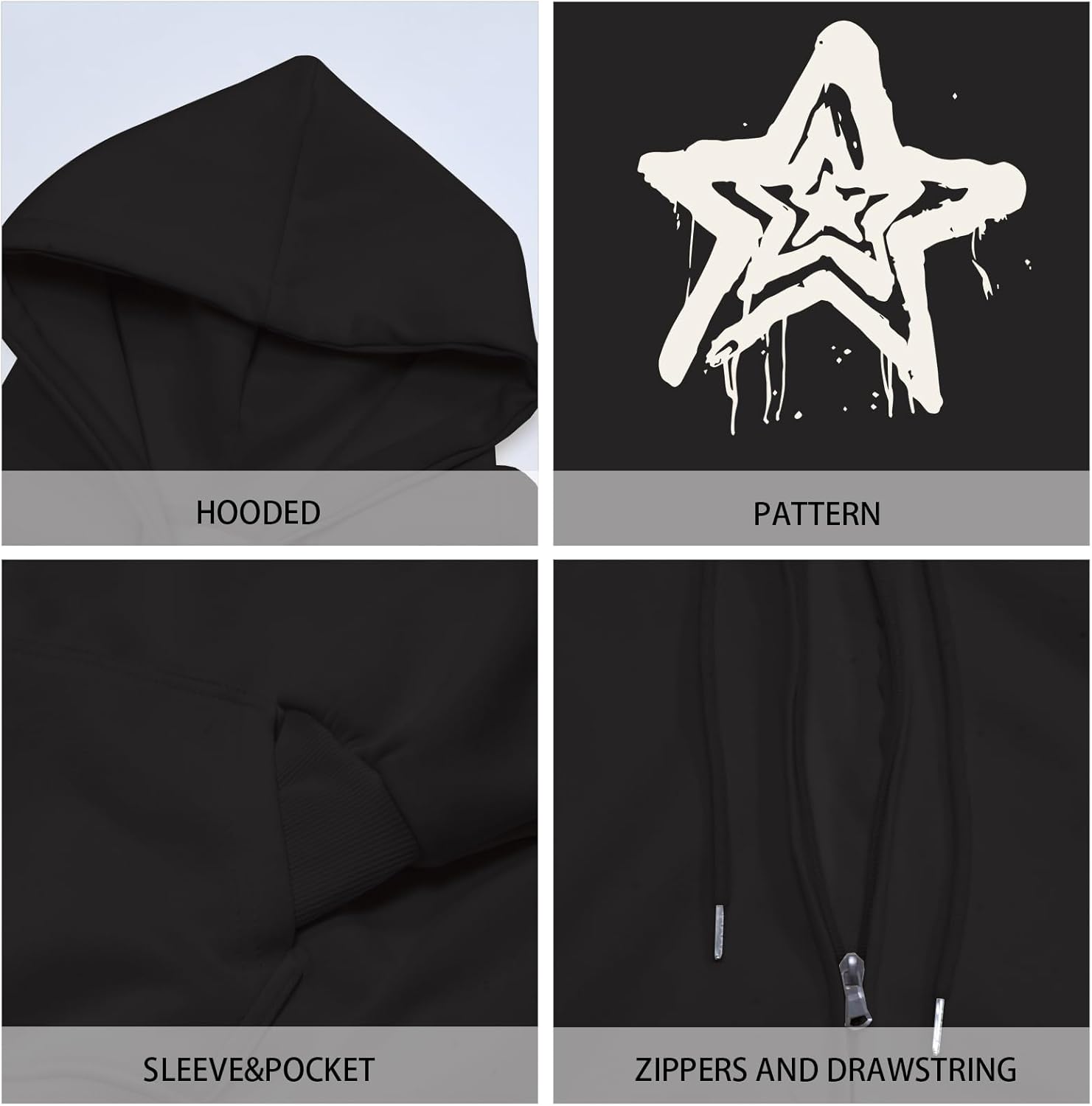 BINTEHGS Star Graphic Zip Up Hoodie for Women Y2k Oversized Hoodie with Zipper Grunge Aesthetic Hooded Streetwear Jacket - Image 7
