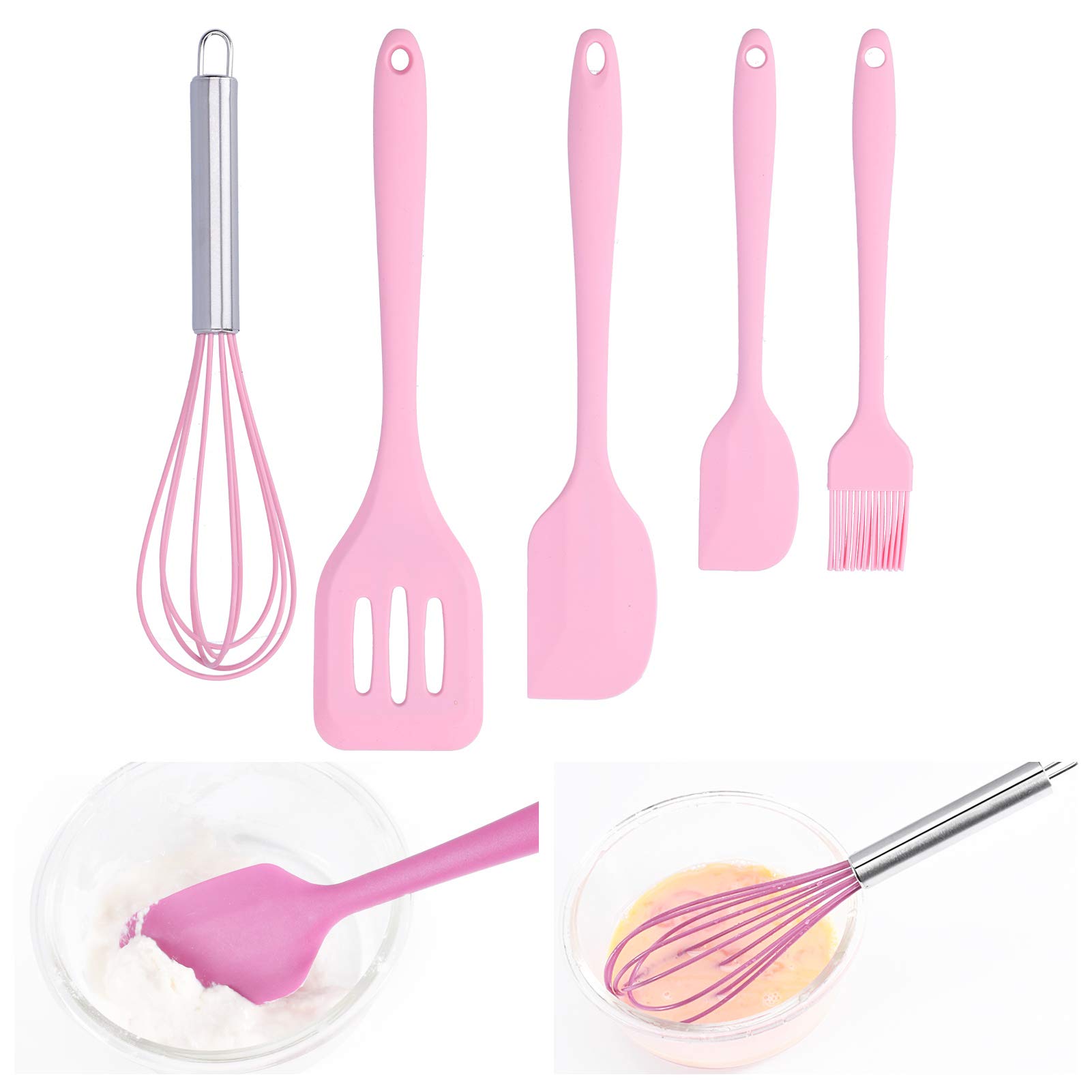 Silicone Cooking Utensils Kitchen Utensil Set, 5 Piece Silicone Spatula Baking Scraper Egg-Beater Kitchen Accessories(Pink)