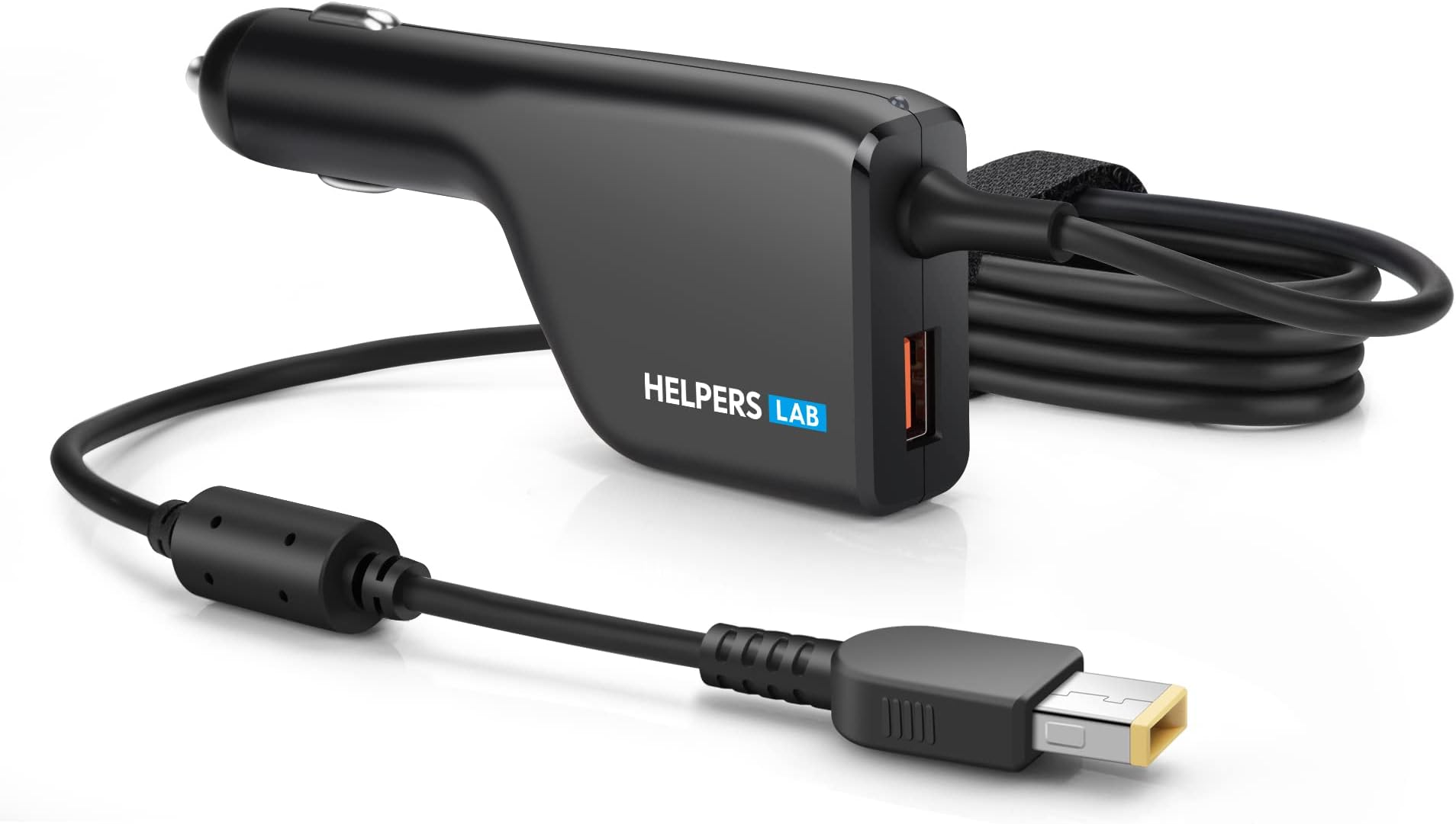 helpers lab 20V 4.5A 90W Car Charger Adapter Battery Charger For Lenovo Laptops, USB Port with Quick Charge 3.0, Yellow Square Connector, Compatible with Thinkcentre, Bold Style, Laptop Car Charger