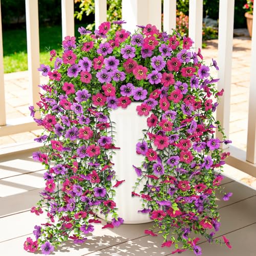Image of Bassion Artificial Mums for Outdoor, 2 Pcs Fake Fall Hanging Flowers (Rose Red Purple) | Realistic fake silk flowers, UV resistant, faux plants, for outside home patio garden balcony yard front door porch decor