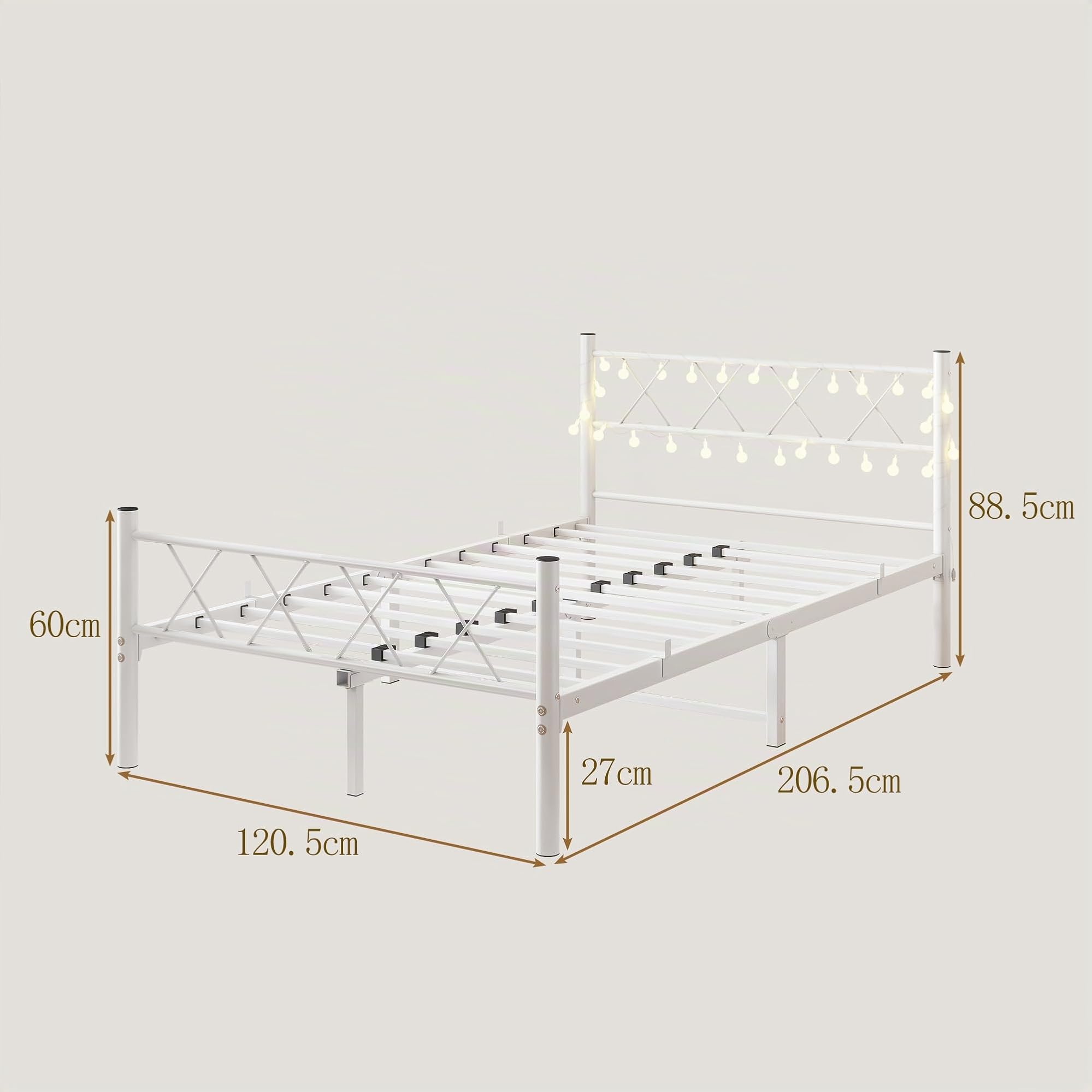 HOJINLINERO Bettgestell 120x200 mit Beleuchtung,Bett 120x200 mit Lattenrost,Bettrahmen Metall,Metallbett Doppelbett Gästebett Jugendbett mit Stauraum unter dem Bett für Schlafzimmer,Weiß