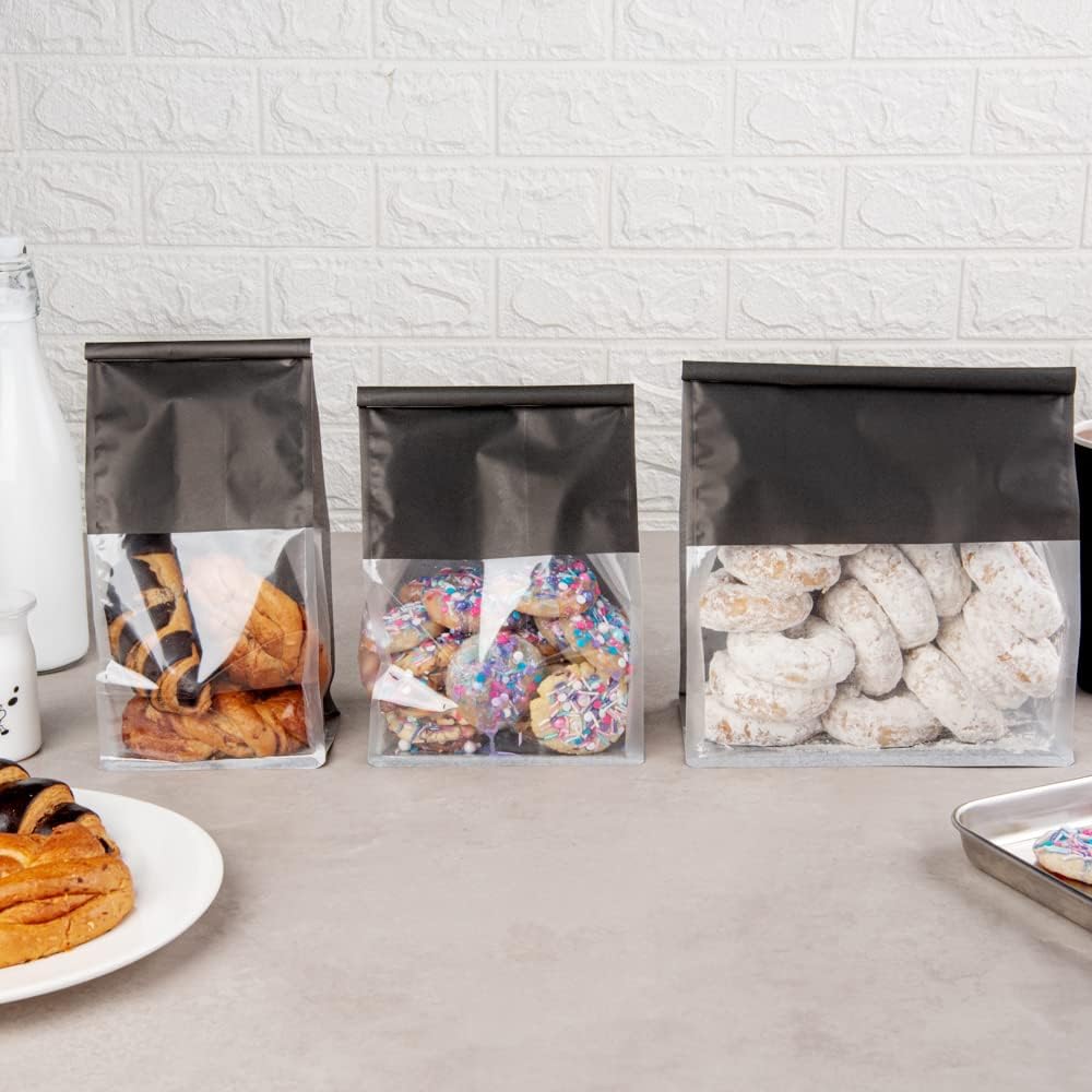 Restaurantware-Bag Tek 6.3 x 5.1 x 10.2 Inch Tin Tie Bags With Windows, 100 Resealable Bakery Bags With Windows - Flat Bottom, For Cookies or Coffee Beans, Black Cotton Paper Tin Tie Bags