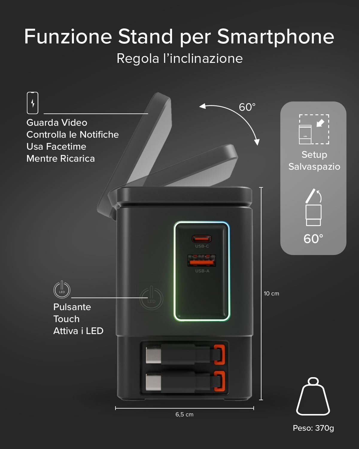 SBS Power Dock 6in1 100W USB-C, Ricarica Wireless 15W, Compatibile MagSafe | Power Delivery (PD 3.0 PPS), Charging Station con 2 Cavi Retrattili, Alimentatore per Notebook, iPhone, AirPods, Nero