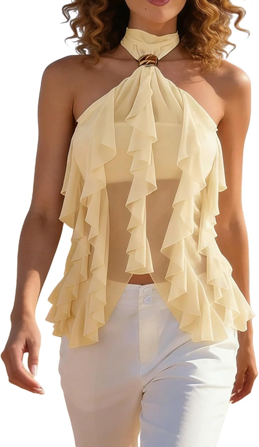 Xiaojmake Women Crop Mesh Tank Top Irregular Hem Layered Ruffled Halter Neck Cami Shirt Solid Chiffon Flowy Sleeveless Shirt