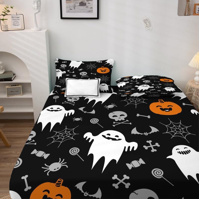 Miniatura 3 de Juego de sábanas California King  Juego de sábanas de Halloween para niños y niñas, juego de sábanas espeluznantes de telaraña, fantasma, calabaza,