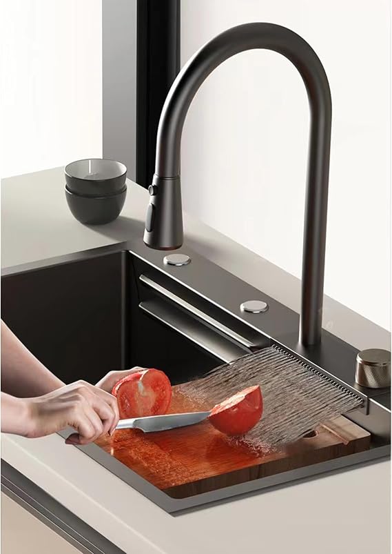 Domestic Single Bowl Kitchen Sink, 304 Stainless Steel, Waterfall Design, 75 * 46 * 22cm, Undermount, Brushed Finish